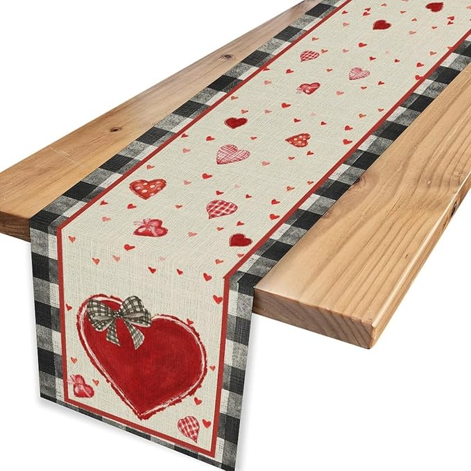 Valentines Day Table Runner,Vintage Red Black Heart Buffalo Plaid Valentines Decor for Table Seasonal Lovely Decor for Indoor Outdoor Dining Table Decorations, 13"x90"