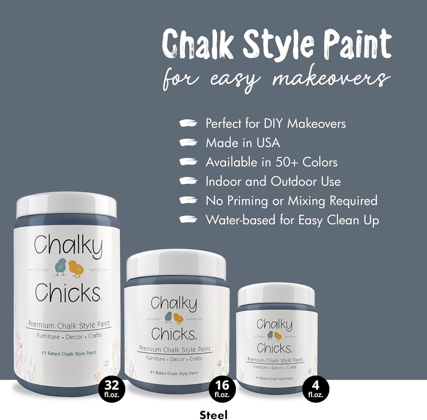 Chalky Chicks All-in-One Chalk Paint for Furniture or Cabinet - 16 Fl Oz - Matte Finish Blue Steel (Blue Gray) for Metal, Wood Furniture Paint - No Sanding All-in-One for Home Decor & Crafts, USA Made