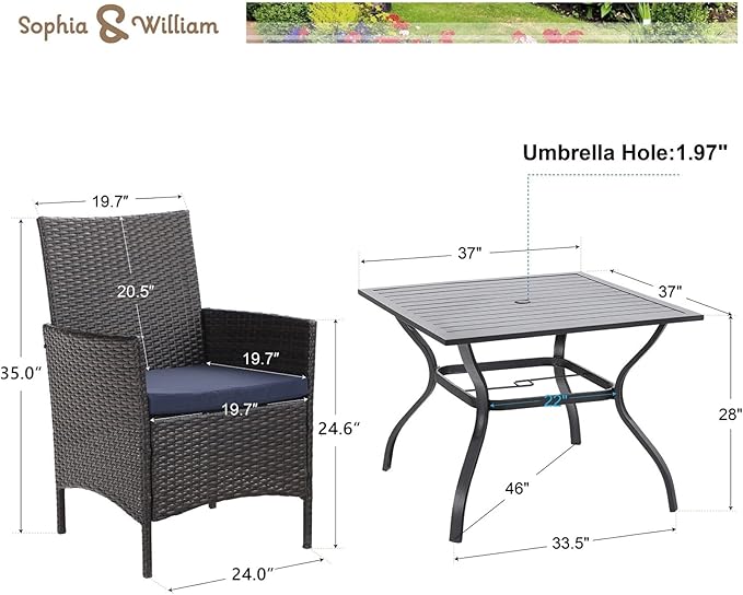 Sophia & William 5 Pieces Patio Dining Set with 9 ft Beige Patio Umbrella, Outdoor PE Rattan Chairs and Square Metal Table Set with Cushions and 1.57" Umbrella Hole for Backyard Porch Poolside