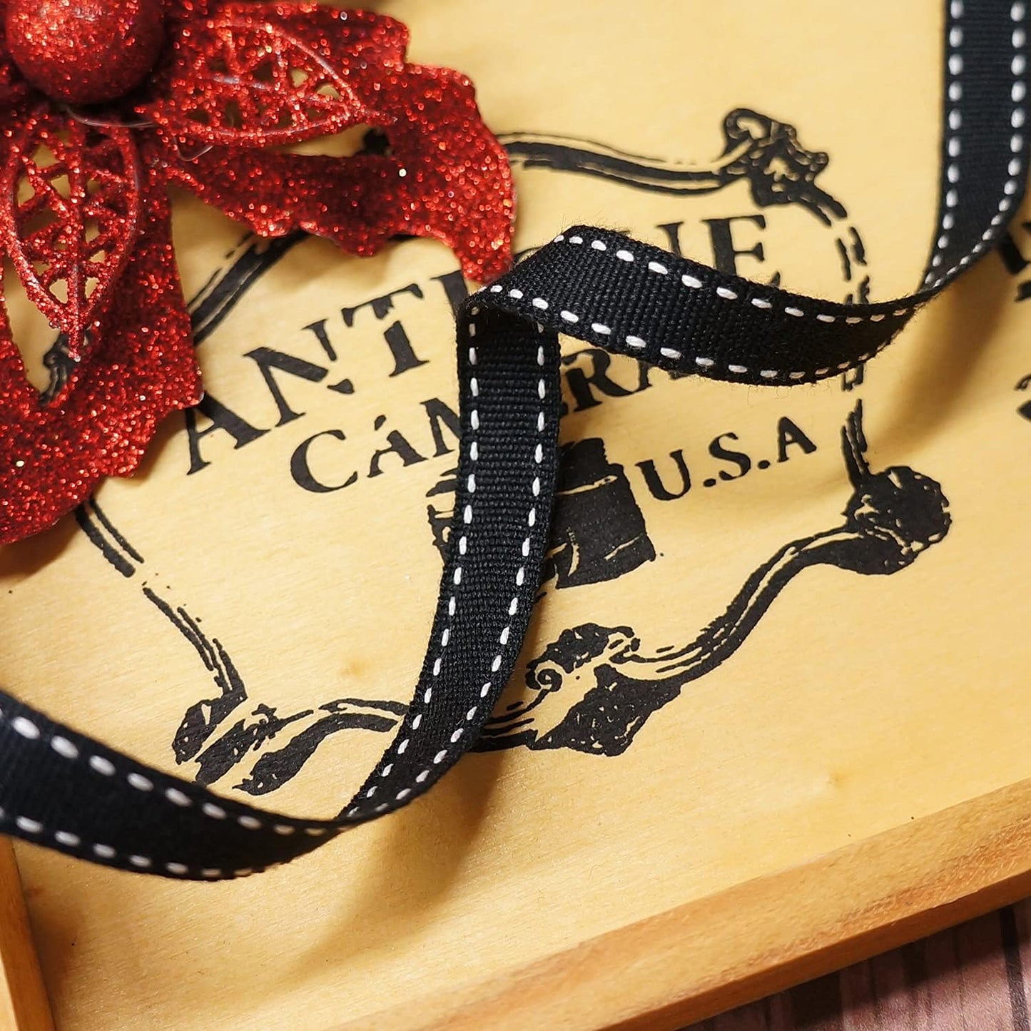 CT CRAFT LLC Black Cotton White Stitched Ribbon 3/8" x 10 Yards for Home Décor Gift Present Wrapping DIY Crafts Birthday Wedding Bouquet Christmas