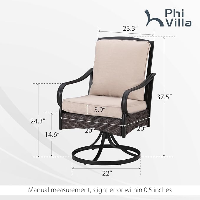 PHI VILLA Patio Swivel Chairs Set of 6, Heavy Duty Outdoor Metal Wicker Dining Chair with Thickened Cushions, Large All Weather Wrought Iron Deck Chair Lawn Furniture Support 300lbs