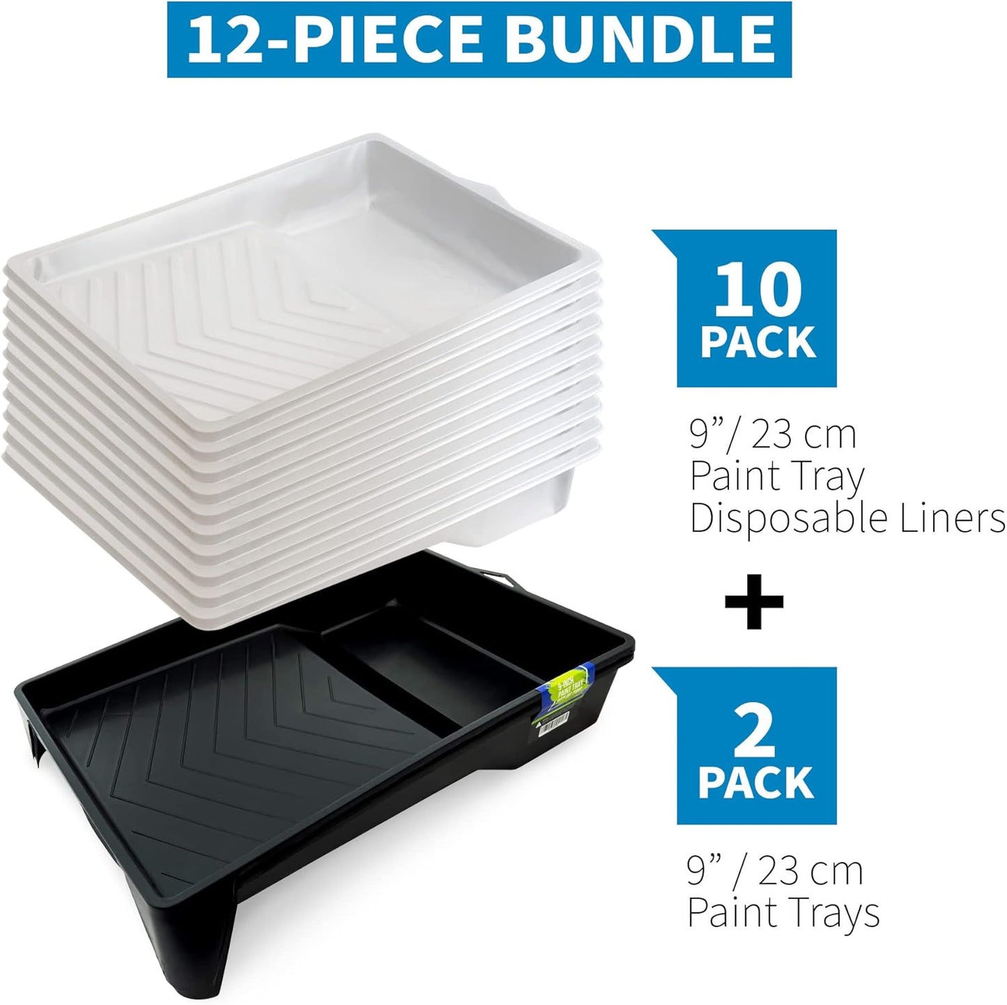 Precision Defined Paint Trays, Paint Roller Trays Liner, Plastic Paint Pan for Roller Brushes, Painting Tray for Painting with Deep Paint Pocket (Paint Tray & Liner (12-Pack), 9-inch)