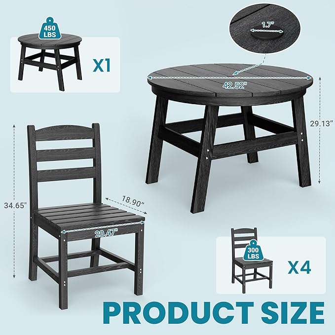 5 Piece Round Outdoor Dining Set, Relaxing HDPE Outdoor Table and Chairs with 105° Ergonomic Backrest, All-Weather Patio Table and Chairs Set with Umbrella Hole for Porch, Poolside, Black