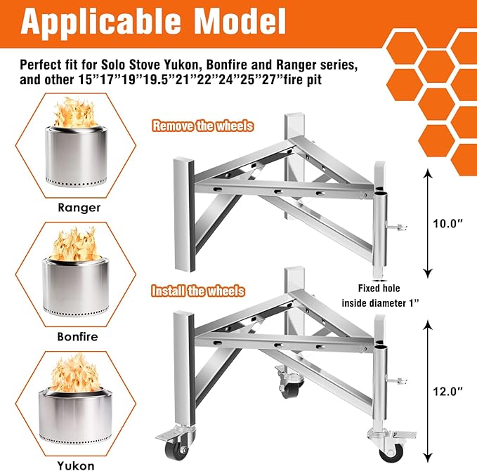 Universal Firepit Stand for 15" 17" 19.5" 22" 25" 27" FirePit, Stainless Steel Camping Fire Pit Stand for Solo Stove Ranger, Bonfire, Yukon, Outdoor Fireplace Accessory for Solo Stove & Other Fire Pit