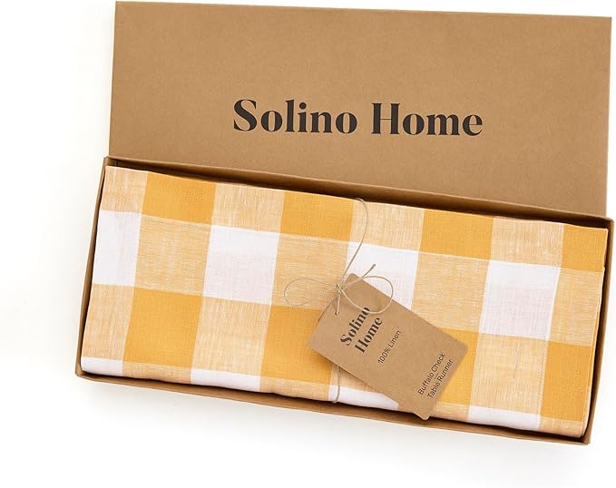 Solino Home Linen Checkered Table Runner 48 Inches - 100% Pure Linen Mustard and White Buffalo Check Short Table Runner 14 x 48 Inch Ideal for Dresser and Coffee Tables, Spring, Easter
