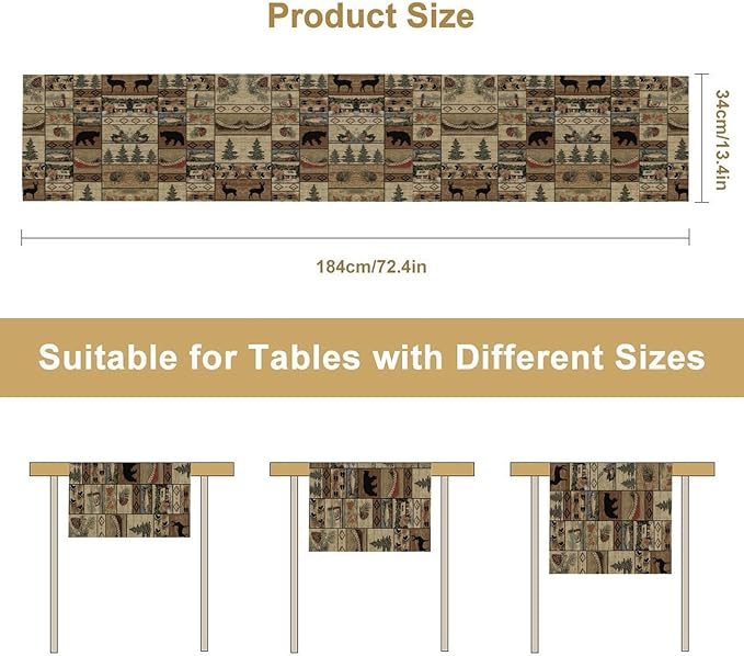 Wildlife Bear Table Runner, Rustic Cabin Animal Farmhouse Table Runner for Home Kitchen Dining Table Party Home 13x90in