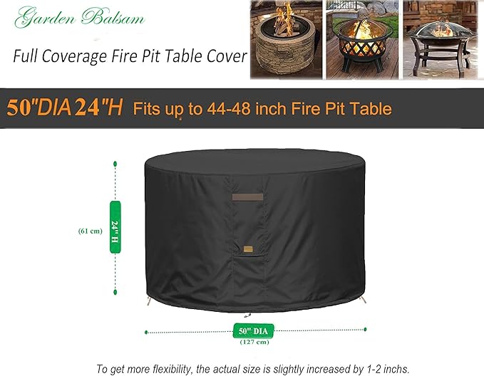 Fire Pit Cover 600D Heavy Duty Waterproof Fabric With PVC Coating Round 50" Dia x 24" H Black Fits 44-48 inch Fire Pit Table Fade Resistant Outdoor Firepit Cover