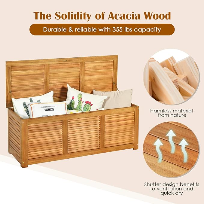 Tangkula 46 Gallon Acacia Wood Deck Box, Garden Backyard Storage Bench, Outdoor Storage Container for Patio Furniture Cushions and Gardening Tools (Natural)