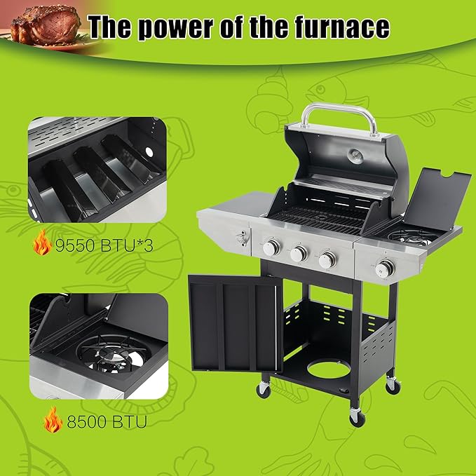 Zateety 3 Burner Propane Grill - 40,500 BTU Gas Grill with Side Burner, Stainless Steel with Iron Cast Grates for Outdoor Cooking, Patio, Camping BBQ, Garden Barbecue Grill, Black and Silver