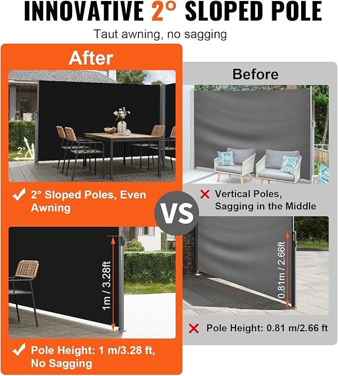 VEVOR Retractable Side Awning, UV 50 71''x 236'' Full Aluminum Rust-Proof Patio Sunshine Screen, 280 g Thicken Privacy Divider & Wind Screen for Courtyard, Balcony, Roof Terraces and Pools, Black