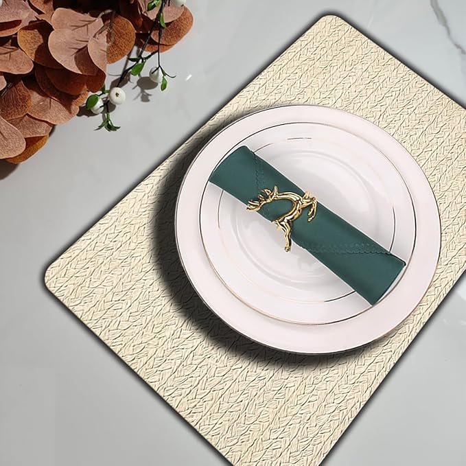 PIGCHCY Waterproof PVC Place Mats Set of 6, Non-Slip Faux Leather Placemats Rattan Pattern Surface Table Mats for Wedding/Birthday Party/Kitchen (18"x12", Cream)