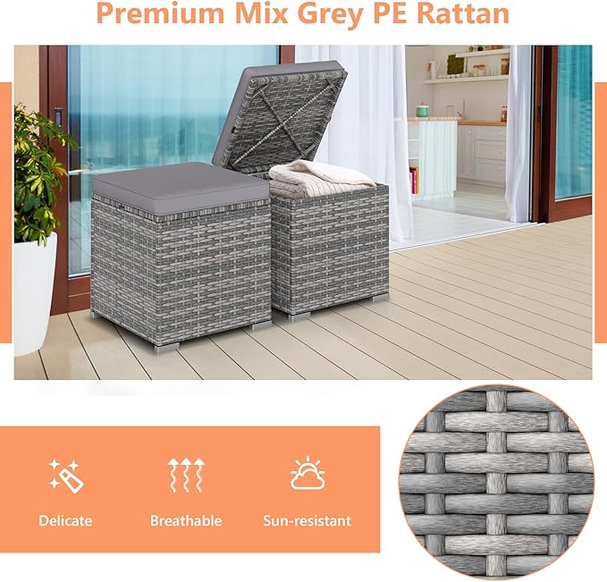 Tangkula 2 Pieces Patio Ottomans, Patiojoy Hand-Woven PE Rattan Side Table with Removable Cushion & Hidden Storage Space, Multifunctional Storage Box, Seat for Patio, Backyard, Poolside (Light Grey)