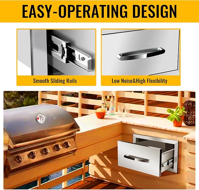 Outdoor Kitchen Drawers, Box Frame Style Flush Mount BBQ Drawer w/Stainless Steel Handle, BBQ Island Drawers For Patio Grill Station,Single Drawer