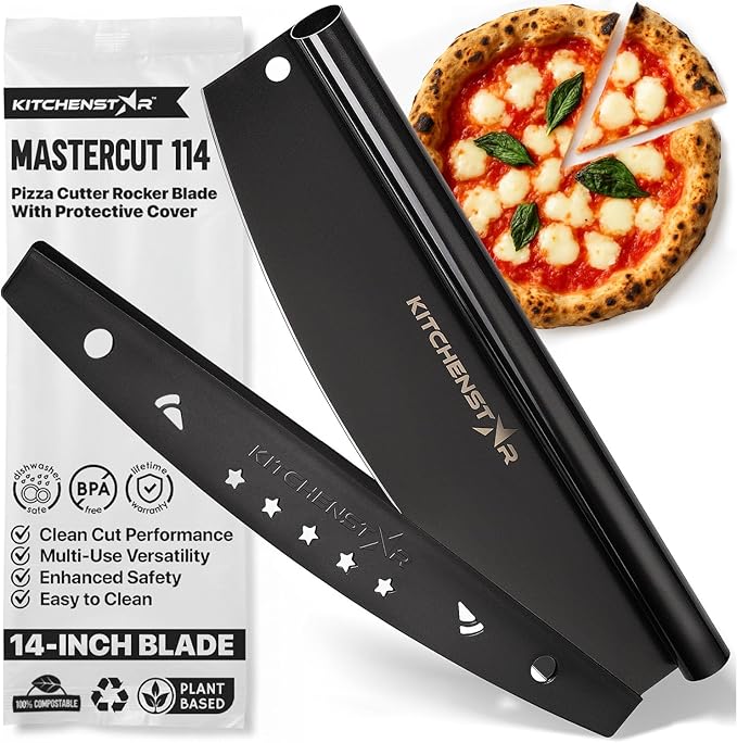 KitchenStar 14-Inch Pizza Cutter Rocker Blade - Sharp Stainless Steel Slicer Knife, Protective Cover, Black Nonstick, Large - Professional Pizza Oven Accessories