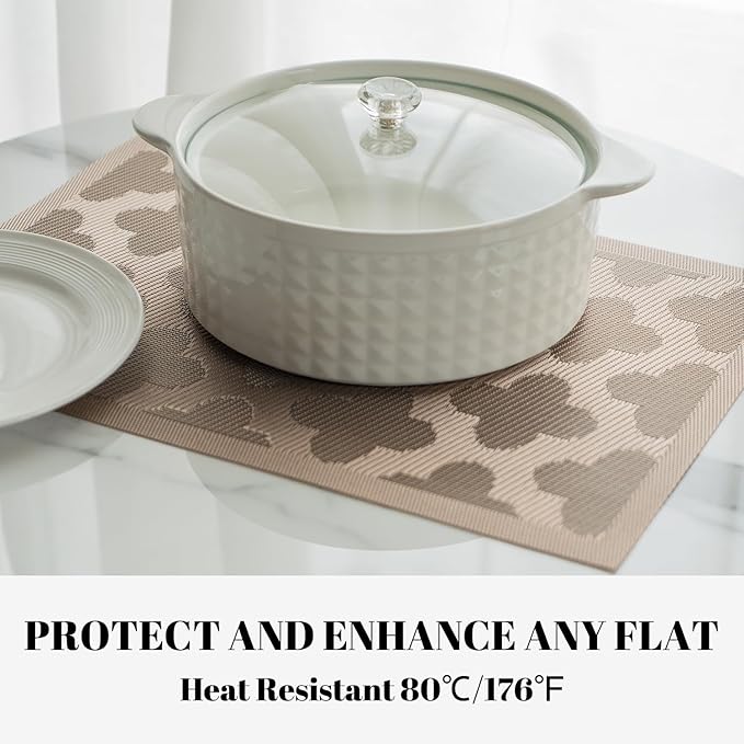 Placemats Set of 8 Vinyl/Plastic Woven Place Mats for Kitchen Table Indoor/Outdoor Washable Placemat Wipeable Dining Table Mats (Dark Brown Clover,8)