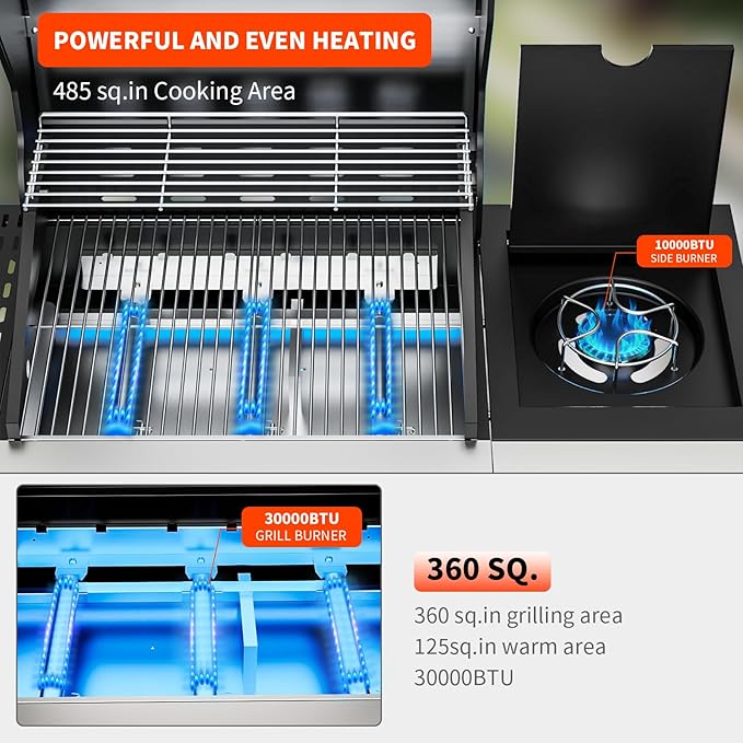 3-Burner Propane Gas BBQ Grill with Side Burner, 40,000 BTU Stainless Steel Propane Grill with Wheels and Storage,Outdoor Cooking Grill for Barbecue, Patio and Camping
