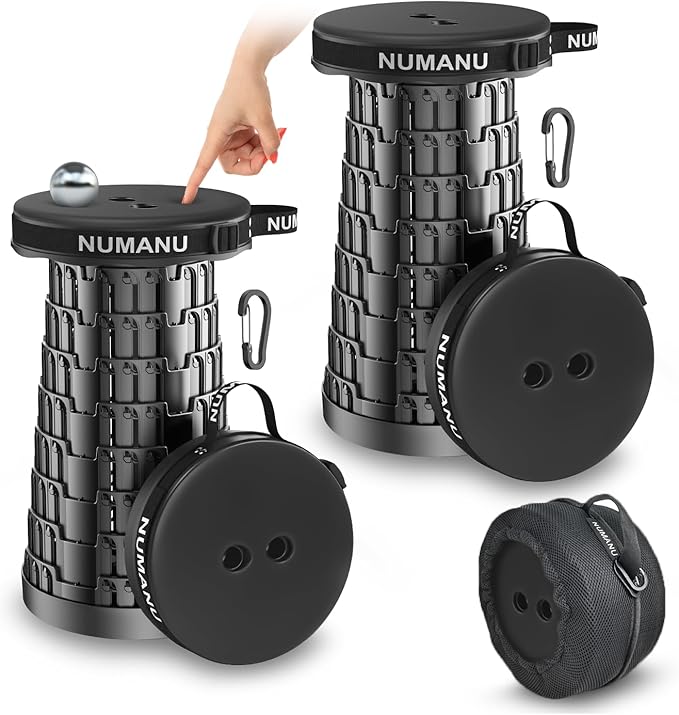 NUMANU 2PK 2025 Upgraded Padded Collapsible Stool, Max 620lb 18" Adjustable Portable Folding Stool for Adults, Retractable Foldable Telescopic Seat Camping Chair or Footrest (2PK Padded + Accessories)