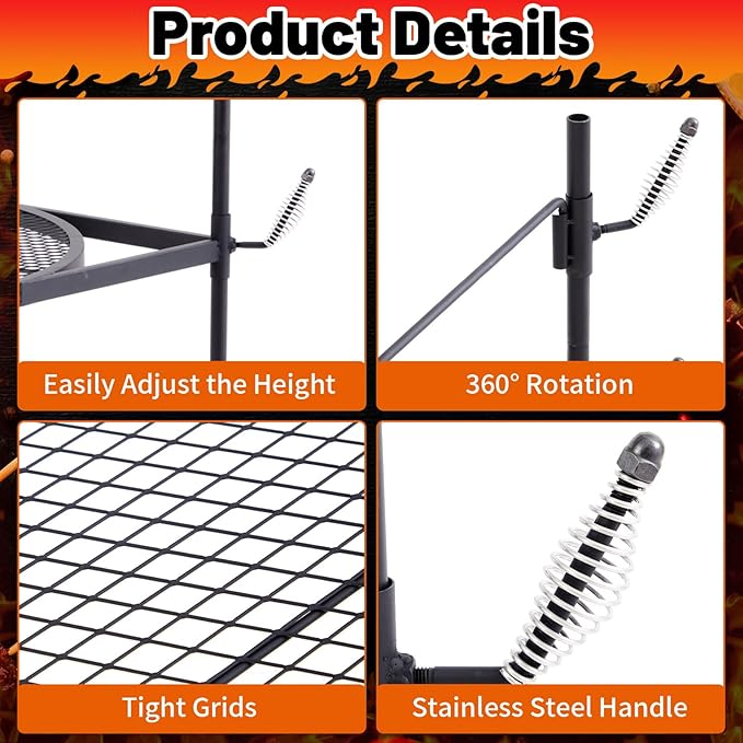 24" Fire Pit Campfire Grill Grate, 24" Foldable Open Fire Cooking Grill Portable Camping Cooking Barbecue Rack Heavy-duty, Easy Setup & Adjustable Height for Outdoor Camping BBQ