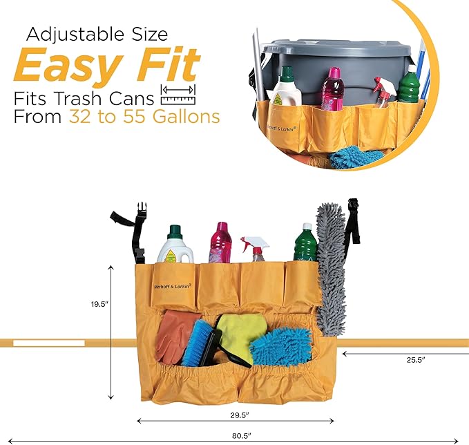 Trash Can Caddy Bag | Fits 32-55 Gallon Can | Brute & Uline Compatible | Heavy Duty Vinyl | Garbage Bin Apron | XL Commercial Size | Cleaning Caddy Organizer | Custodian & Janitorial Supplies (1 Pack)