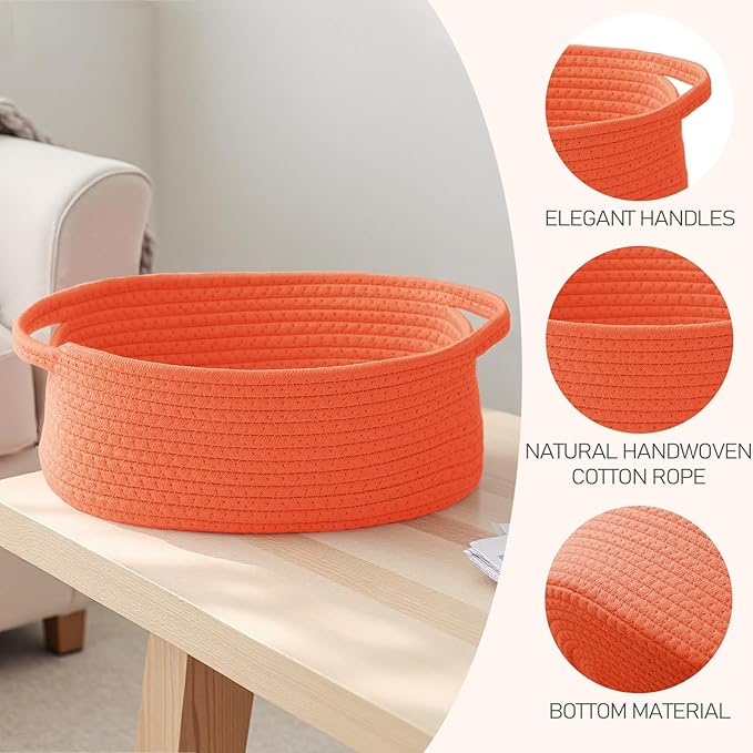 Woven Basket,Small Rope Storage Bin with Handles & Ribbon Bag, Organizer for Shelves Closets,Gift Basket Empty for Birthday,Books,Dog Toys,Orange/3 Pack