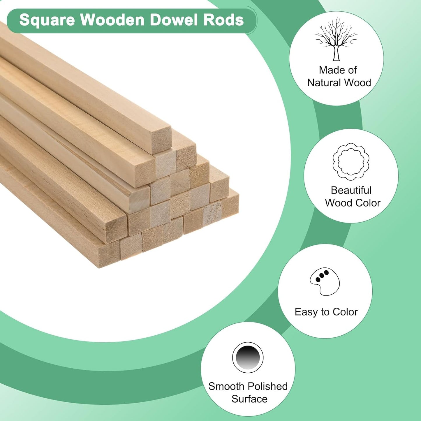 10-Pack Wood Square Dowel Rods, 25/64 x 12 Inch Unfinished Wooden Square Dowel Rod, Hardwood Square Dowel Sticks for Crafts/DIY Projects/Models Making [Wood Color]