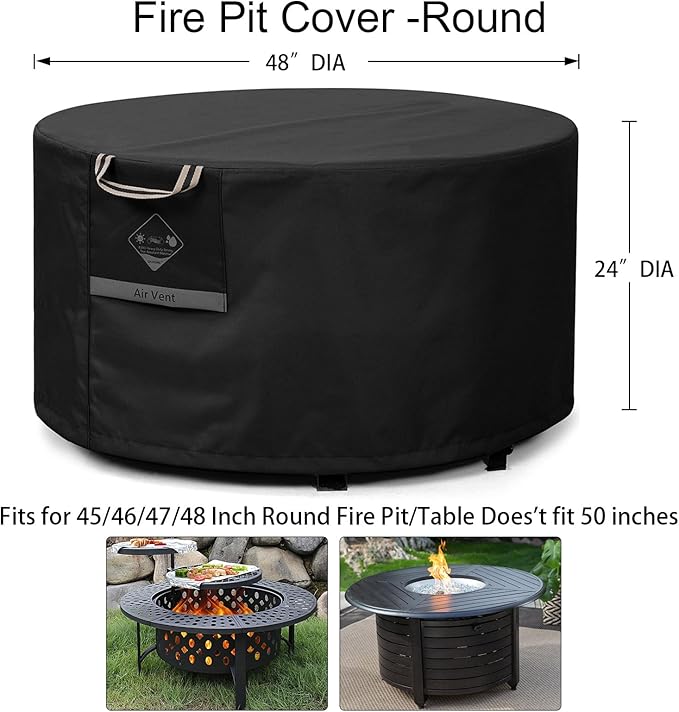 QH.HOME Fire Pit Cover Round Super Waterproof, 48" D X 24" H Outdoor Round Firepit Cover 600D Strong Tear Resistant, UPF 50+ Fire Pit Covers Premium Fading Resistant for Outdoor Fire Pit - Black