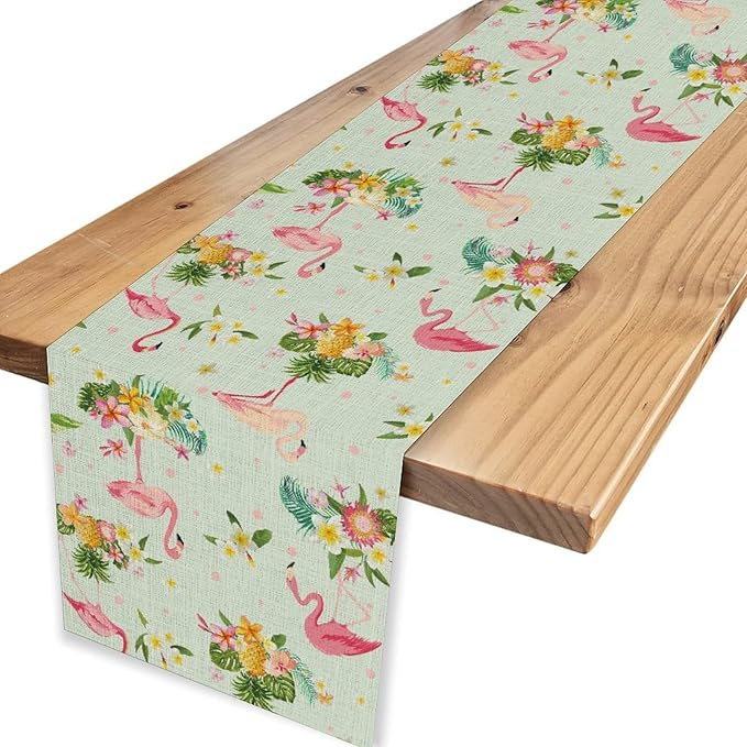 Tropical Flamingo Table Runner,Spring Summer Floral Dots Pineapples Hawaiian Luau Table Center Decor for Family Kitchen and Living Room Outdoor Farmhouse Party Table Decorations, 13"x36"