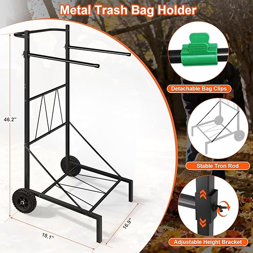 Metal Leaf Bag Holder, 50-55 Gallon Adjustable Trash Bag Holder, Height Added Design Garbage Bag Trolley with wheels,Trash Bag Holder Stand Suitable for Yard and Lawn Cleaning, Camping, and Gathering