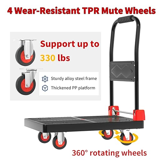 Push Cart Dolly - Foldable Heavy - Duty Flatbed Platform Cart with 360 - Degree Rotating Wheels for Moving in Food Truck and Trailer, Load Capacity 330 lbs, Black Red