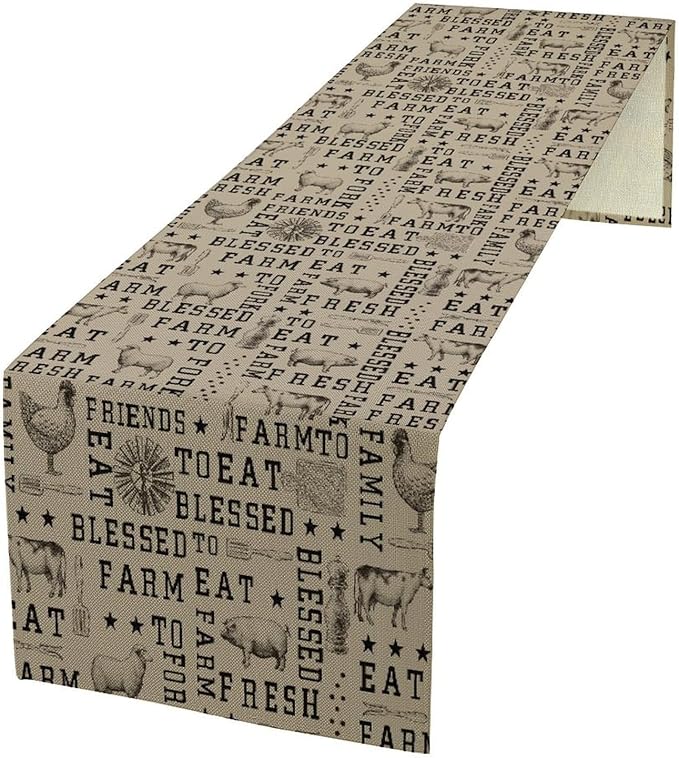 Farmhouse Animal Table Runner, Vintage Country Cow Chicken Sheep Pig Rustic Western Windmill Print Table Runner for Home Dining Kitchen Table Indoors Outdoors Party, 13x90inch