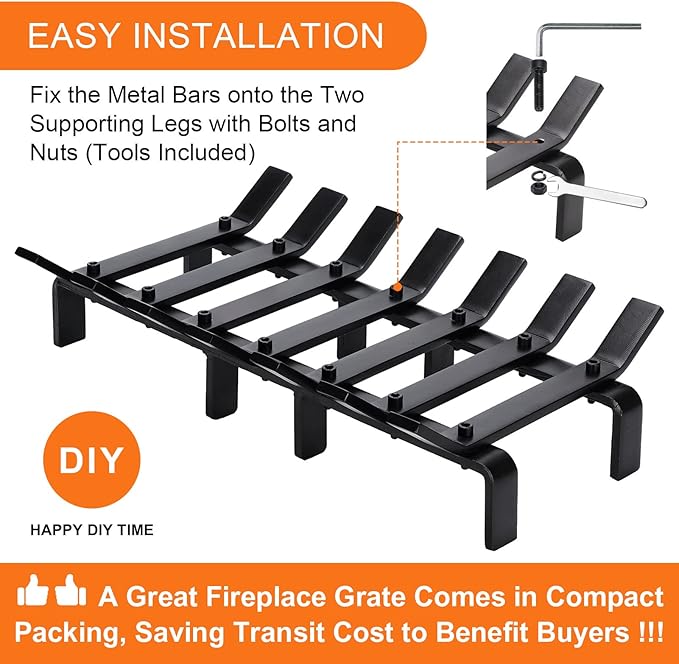 17“ Fireplace Grates Wood Stove Grate Rack Stove Burning Rack Heavy Duty Solid Steel 7-Bars Firewood Holder Easy Assembly Fire Grate for Indoor Hearth Outdoor Firepit Matt Black