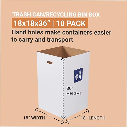 Box USA 40 Gallon 18" L x 18" W x 30" H 10-Pack Cardboard Trash Cans and Recycling Bins, Reusable or Disposable Pop Up Garbage Boxes for Parties, Outdoor Events, Heavy Duty, Waste