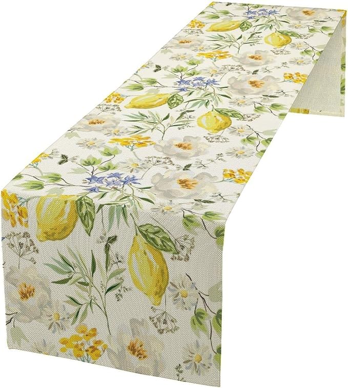Vintage Lemon Blossom Table Runner Seasonal Spring Summer Floral Farmhouse Dining Table Decoration for Home Holiday Party Dresser Kitchen Cabin Restaurant Wedding Decor 13×70in