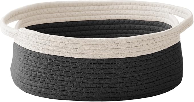 Woven Basket,Small Rope Storage Bin with Handles & Ribbon Bag, Organizer for Shelves Closets,Gift Basket Empty for Birthday,Books,Dog Toys, White&Black