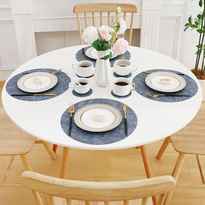 Homaxy Round Faux Leather Placemats and Coasters, Washable Dual-Side Table Mats, Wipeable Heat-Resistant Dining Place Mats for Outdoor and Indoor, Set of 8, Diameter 13 and 3.93 inch, Blue