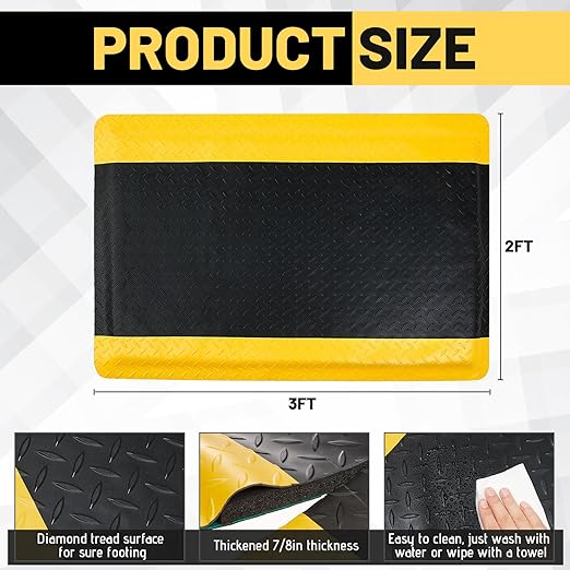 Timgle Anti Fatigue Mats Industrial 2' x 3' Heavy Duty Commercial Grade Diamond Plate Vinyl Non Slip Safety Ergonomic Standing Floor Mat Black with Yellow Border 7/8 Inch Thick Sponge for Work Stand
