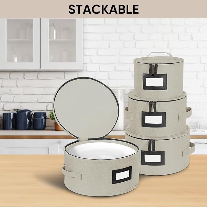 BALEINE China Storage Containers, Sturdy Quilted Wine Glass Storage, Plate Organizer with Carry Handles, Moving Boxes for Dishes, Cups, Mugs and Stemware (Plate, Hard Shell Cream)