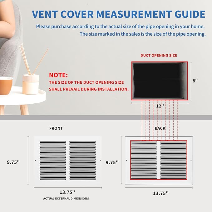 12x8 Vent Cover (Duct Opening Size), Air Return Vent Cover, AC Vent Cover, Cold Air Return Vent Cover, Flat Return Air Grilles, Outer Dimensions:13.75"W x 9.75"H (12"W x 8"H, Duct Opening)