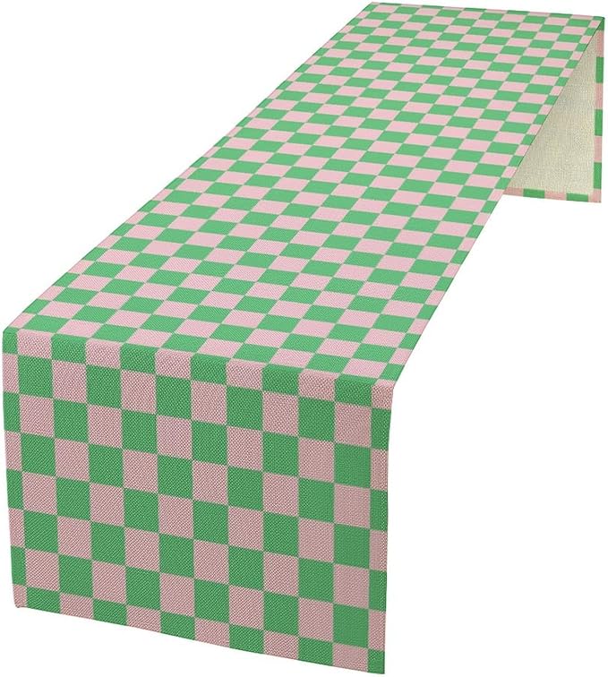 Retro Checkered Table Runner, Cute Pink Green Checkerboard Vintage Hippie Modern Aesthetic Table Runner for Party Kitchen Dining Home Outdoor Banquet 13x90in