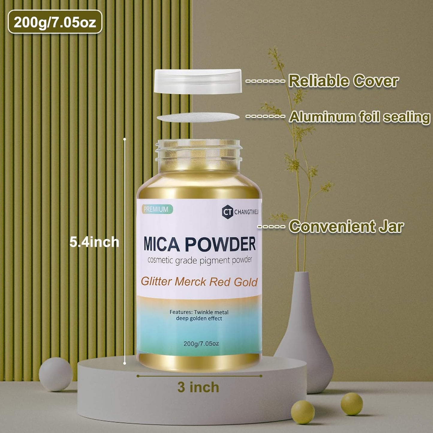 Mica Powder,7.05OZ（200g）,Glitter Merck Red Gold Mica Powder Pigment for Epoxy Resin，Lip Gloss，Car Paint，Dye，Soap Making，Nail Polish,Epoxy Resin,Candle Making,Bath Bombs