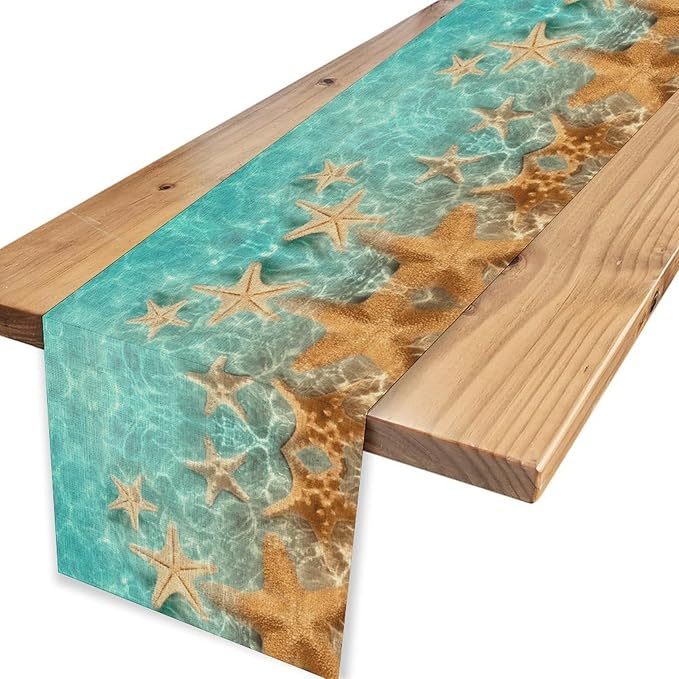 Summer Ocean Table Runner, Nautical Coastal Starfish Beach Seashell Ocean Seasonal Coffee Table Center Decor for Home Kitchen Dining Patio Holiday Party Table Decorations 13"x72"