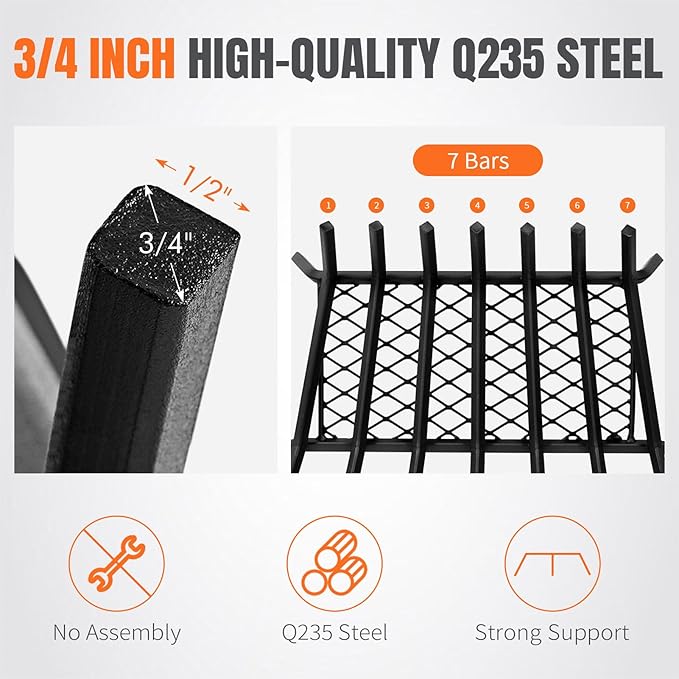 Fireplace Grates with Ember Retainer- 21 Inch Fireplace Log Grate Heavy Duty Solid Steel 7-Bars, Fire Grate, Inside Wrought Cast Iron Wood Stove Pit for Indoor Outdoor Chimney Hearth