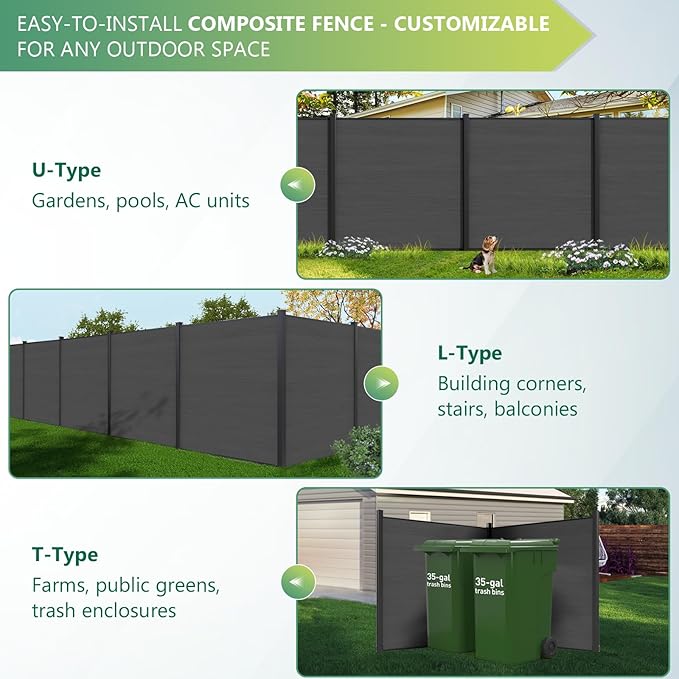 Mondaria Fence Privacy Screen with 8ft In-ground Posts, 6ft(H) x36ft(W) Wood Plastic Composite Fence Panels Weather-Resistant Outdoor Fence for Backyard/Garden (Silver Gray, 7 Posts)