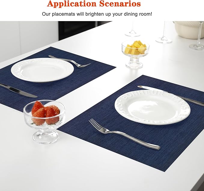 Placemats Set of 8,Washable,Heat and Stain Resistant Indoor/Outdoor Place mats,Vinyl Woven Non Slip Table Mats for Restaurant Table Protection,PVC Placemats(Navy Blue,8PCS)