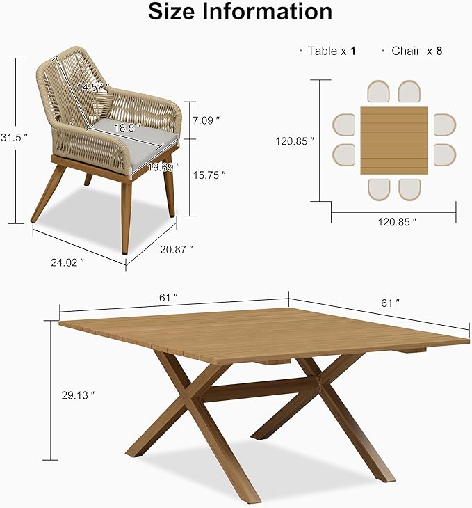 PURPLE LEAF 9 Pieces Outdoor Dining Set All-Weather PE Rattan Outdoor Patio Furniture Set with All Aluminum Frame Square Table and Chairs Set for Lawn Garden Backyard Deck, Teak