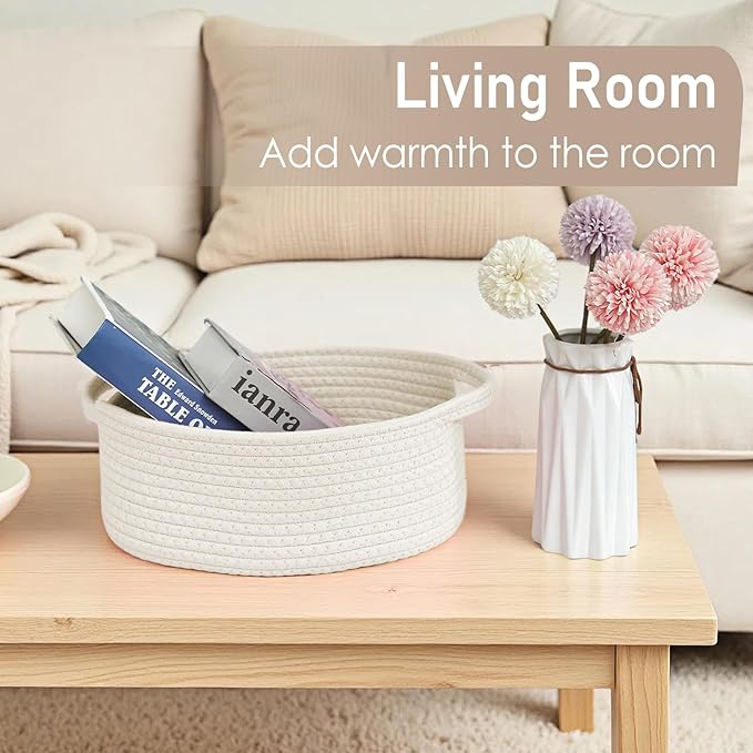 Woven Basket,Small Rope Storage Bin with Handles & Ribbon Bag, Organizer for Shelves Closets,Gift Basket Empty for Birthday,Books,Dog Toys,White/2 Pack