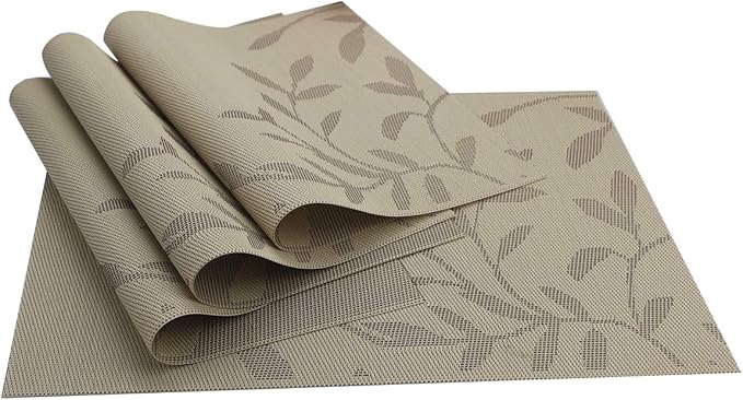 Gugrida Place Mats PVC Set of 6, Table Placemats Set of 6 PVC Washable Woven Vinyl Place Mats Heat Insulation Top Meal Mat Table Mats Natural Color (6 pcs, Gold Leaves), 18 x 12 inches