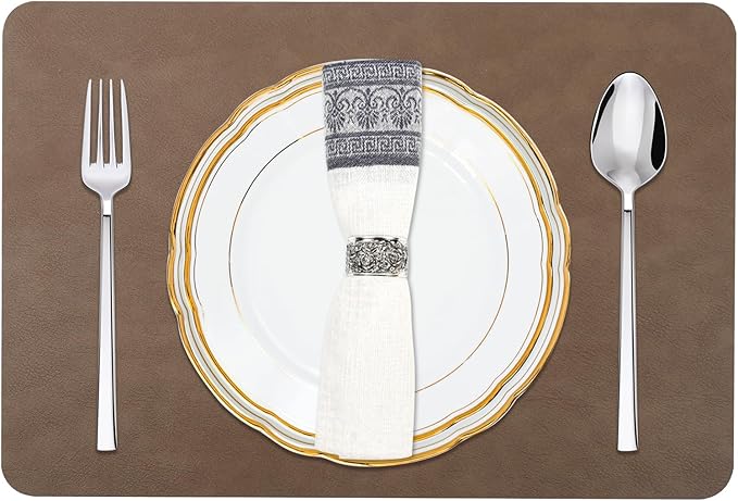 Cowhide Pattern Faux Leather Placemats Set of 6,Heat Resistant Non-Slip Waterproof Wipeable Washable Kitchen Dining PU Table Place Mats,Double-Sides Available,Dark Brown