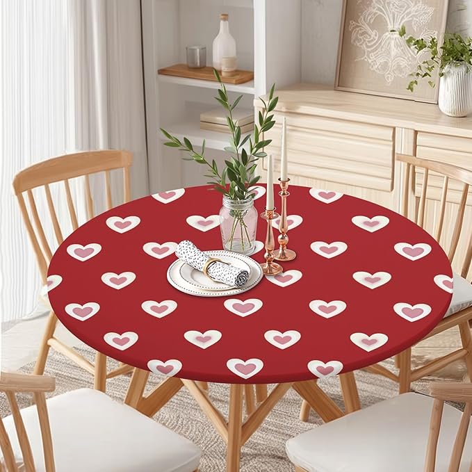 Valentines Day Round Fitted Tablecloth with Elastic Red Pink Heart Circle Table Cloth for 48-52" Round Tables Wipeable Waterproof Washable Burgundy Valentine Table Cover for Picnic Dining Party Decor