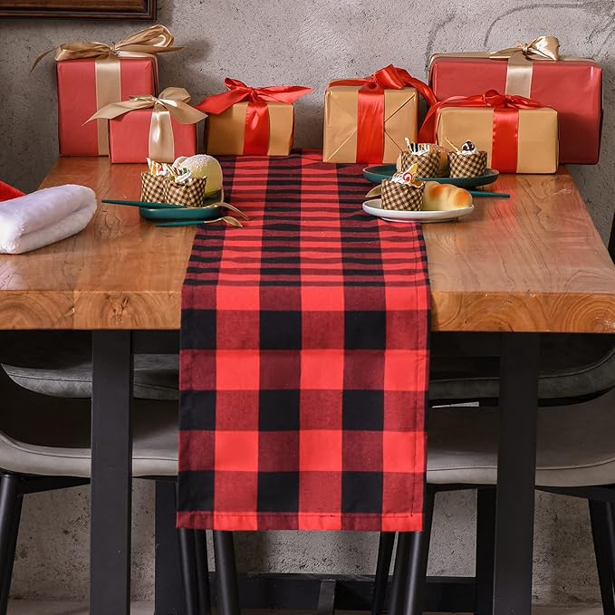 Tosewever Christmas Buffalo Check Plaid Table Runner, Cotton Polyester Blend Classic Family Dinner Table Runners for Indoor Outdoor Parties Events Home Decoration (Red and Black, 14 x 72 Inch)